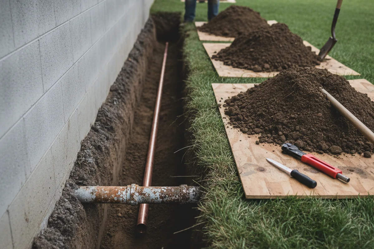 Excavated water line trench during Water Heater Repair in Winner